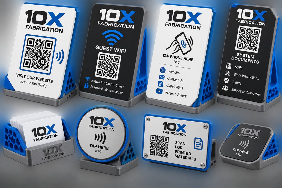 Branded NFC and QR signage: website, guest Wi-Fi, document access, and business card holders