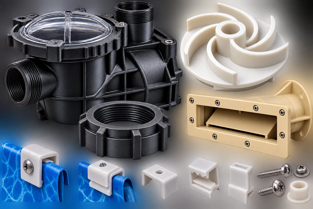 Pool pump housing, impeller, skimmer faceplate, and liner clips